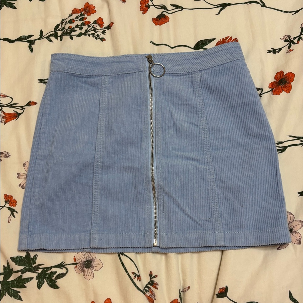 Blue Corduroy Zip Up Mini Skirt
